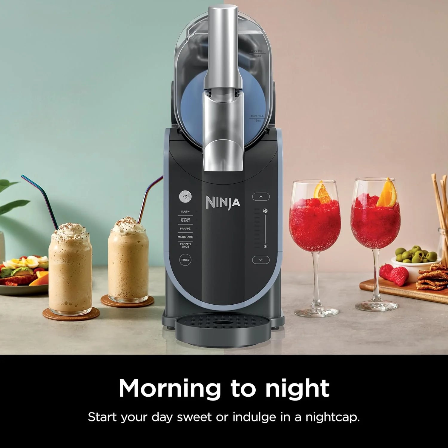 SLUSHi with RapidChill Technology. 88 oz. Frozen Drink & Slushie Machine. 5 Preset Programs. Margaritas. Frappés. and More. Premium Accents. Black. FS301