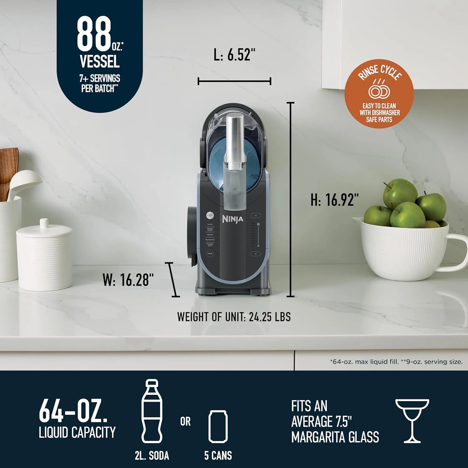 SLUSHi with RapidChill Technology. 88 oz. Frozen Drink & Slushie Machine. 5 Preset Programs. Margaritas. Frappés. and More. Premium Accents. Black. FS301