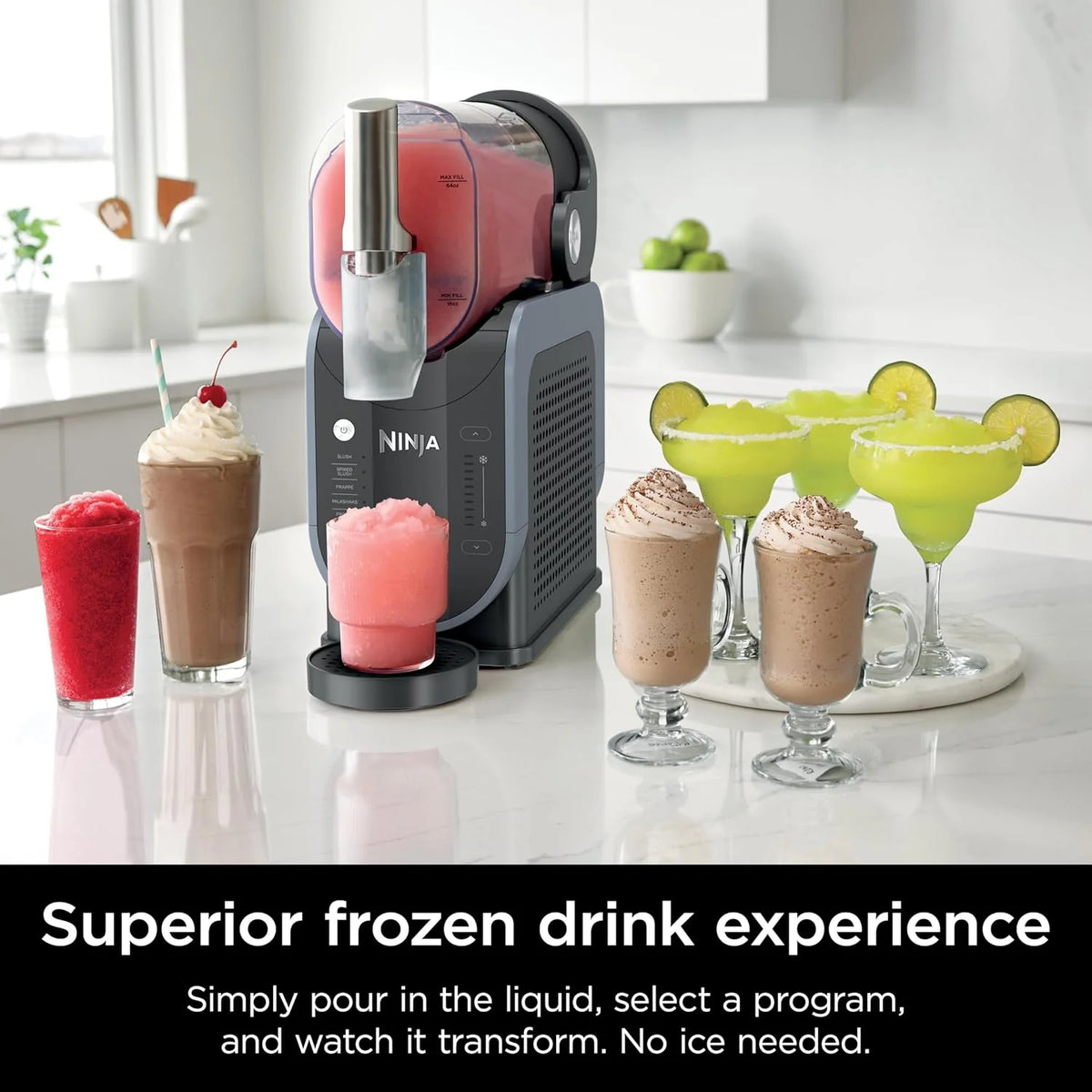 SLUSHi with RapidChill Technology. 88 oz. Frozen Drink & Slushie Machine. 5 Preset Programs. Margaritas. Frappés. and More. Premium Accents. Black. FS301