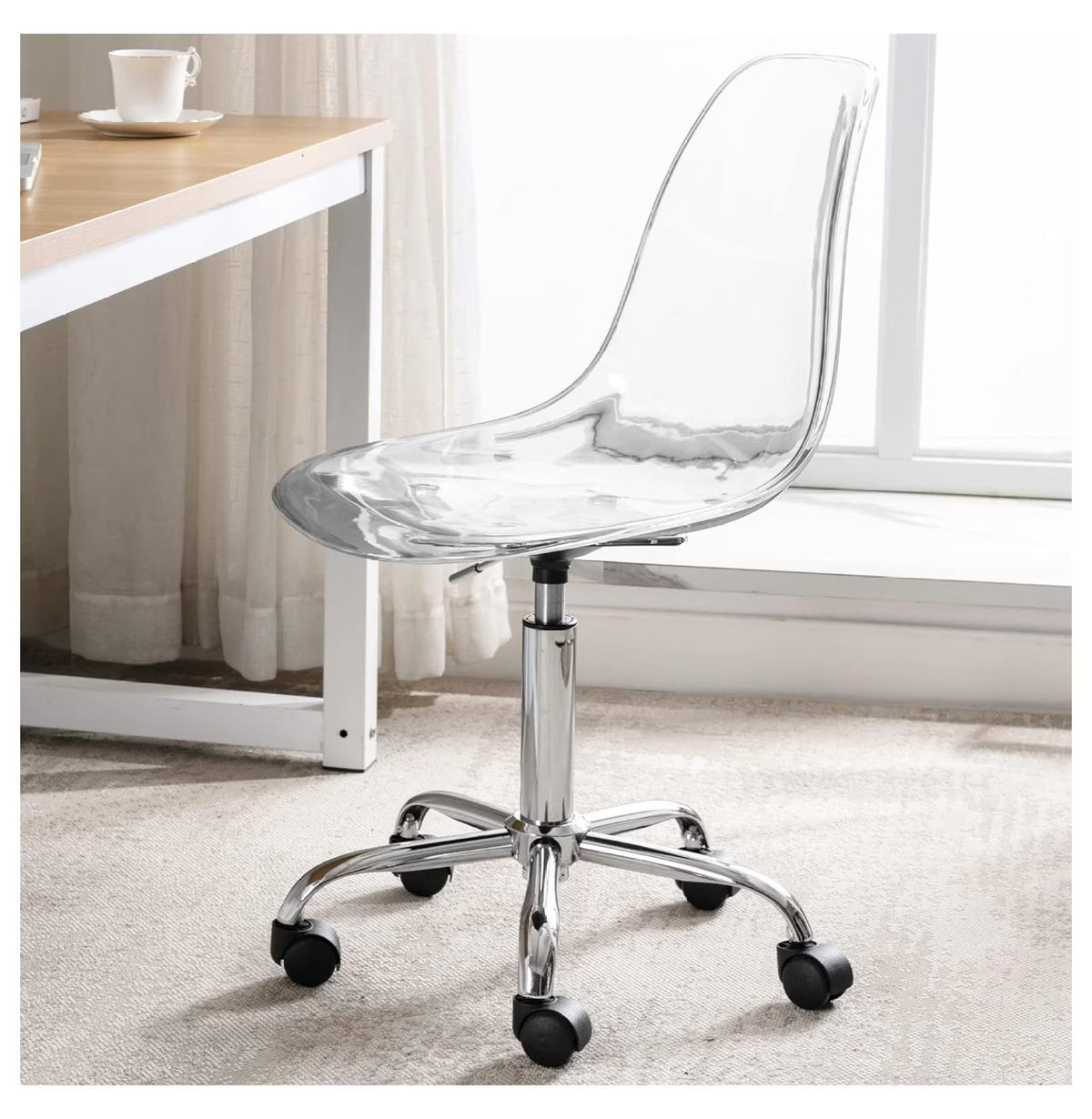 Echoworld Clear Rolling Chair, Armless Desk Chair with Golden Feet Swivel Molded Plastic Shell Adjustable Home Office Chair with Wheels, Clear