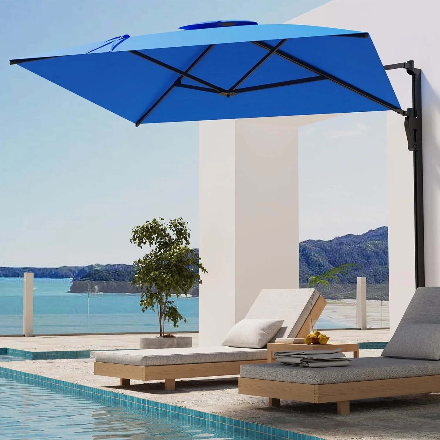 AECOJOY 10ft Cantilever Patio Umbrella, Large Rectangle Umbrella 180° Rotation Offset, Blue